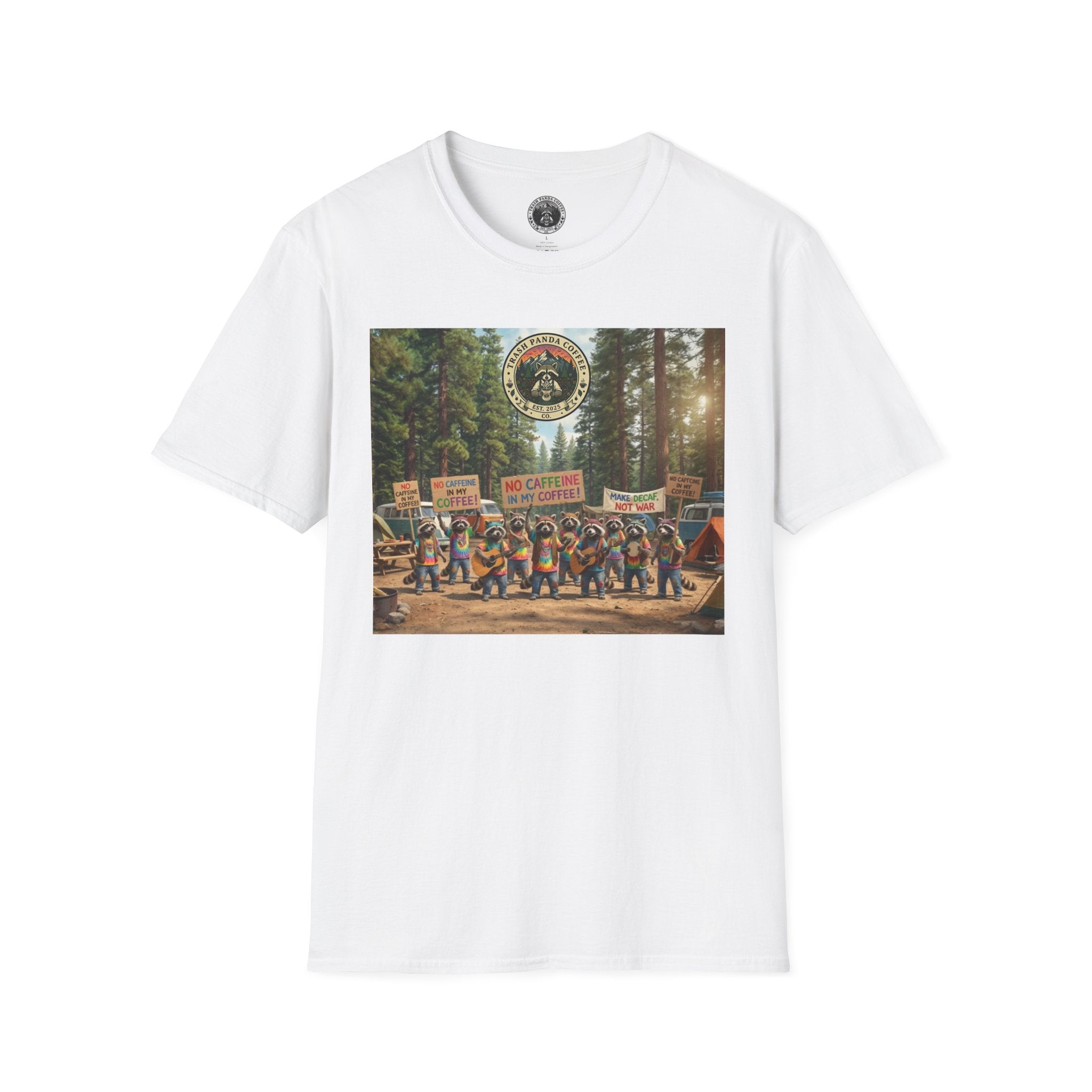 Raccoon Hippies Protest T-Shirt — 'No Caffeine'
