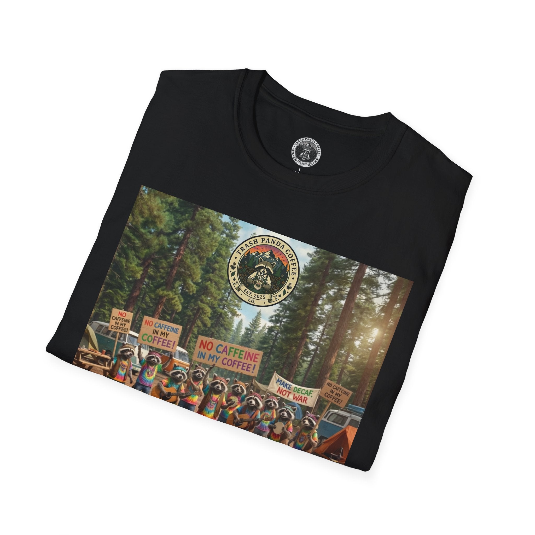 Raccoon Hippies Protest T-Shirt — 'No Caffeine'