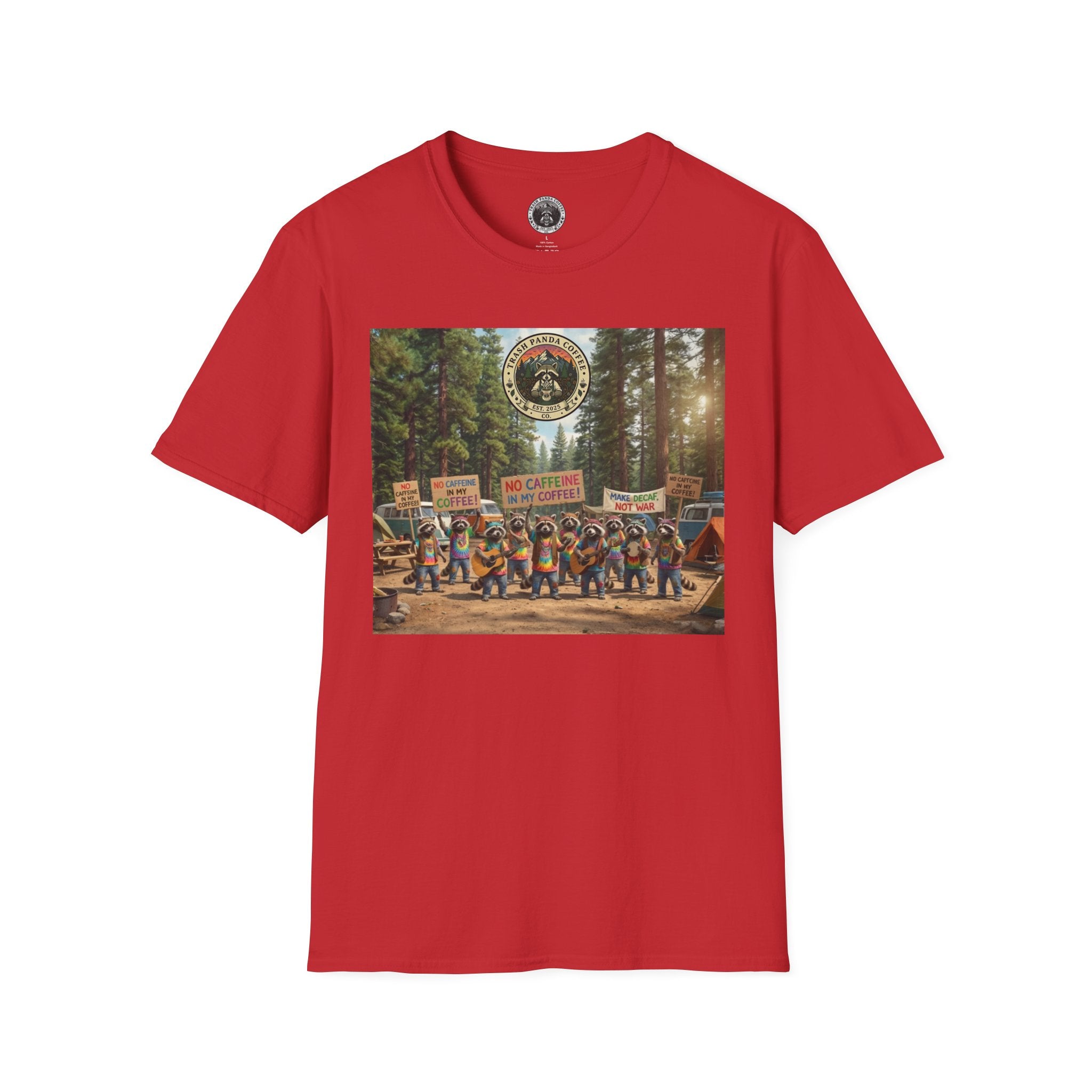 Raccoon Hippies Protest T-Shirt — 'No Caffeine'