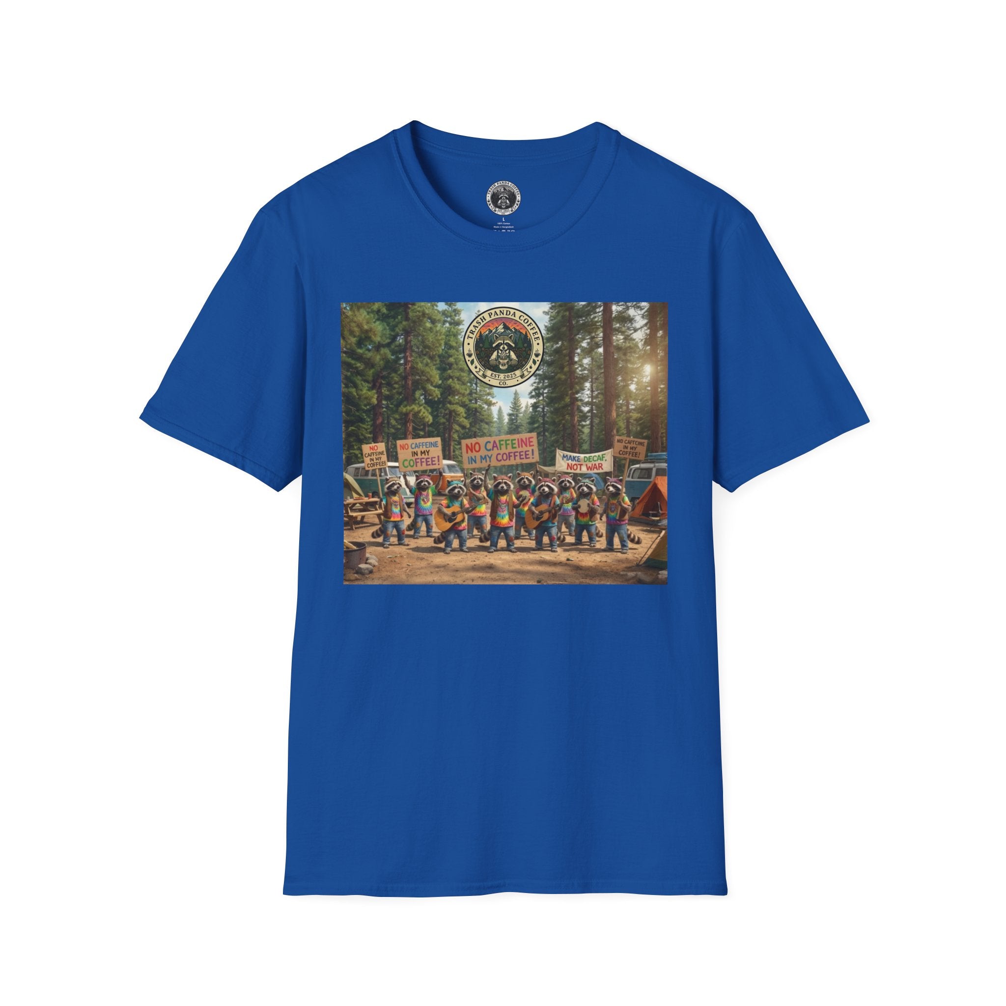Raccoon Hippies Protest T-Shirt — 'No Caffeine'