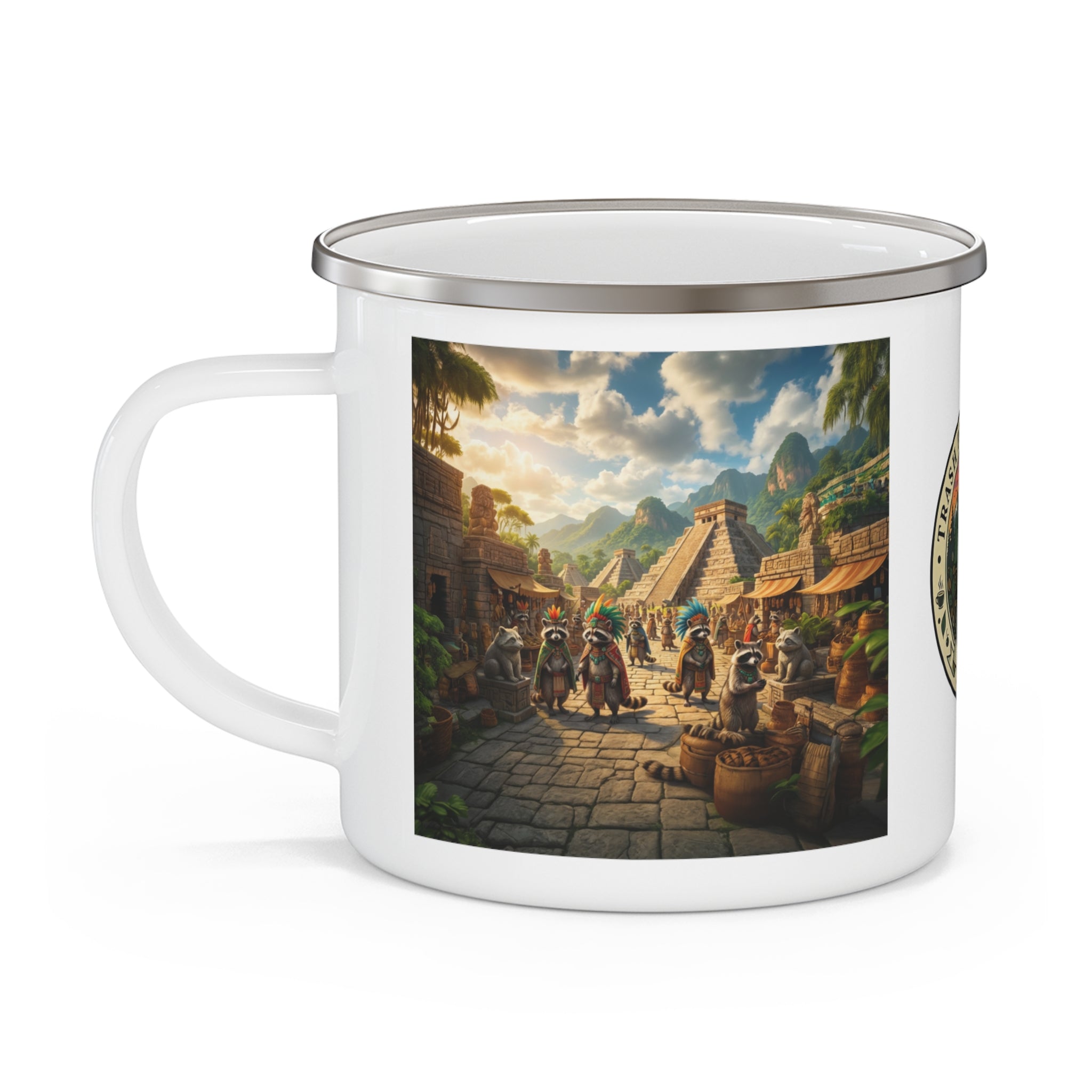 Enamel Camping Mug — Incan Raccoons