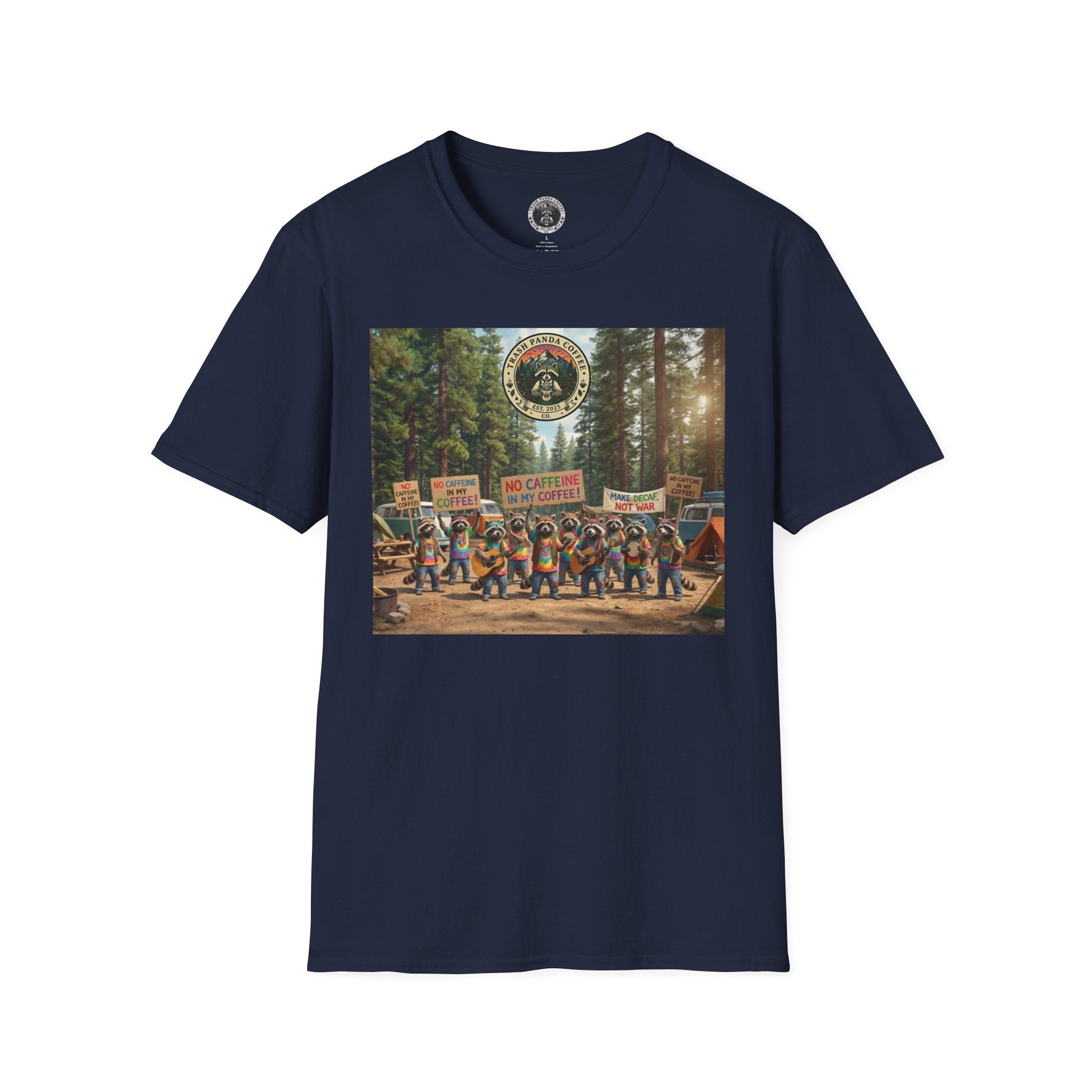 Raccoon Hippies Protest T-Shirt — 'No Caffeine'
