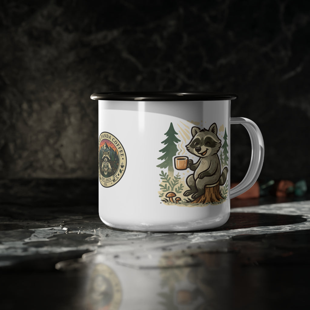 Raccoon Sipping Coffee Enamel Camp Cup