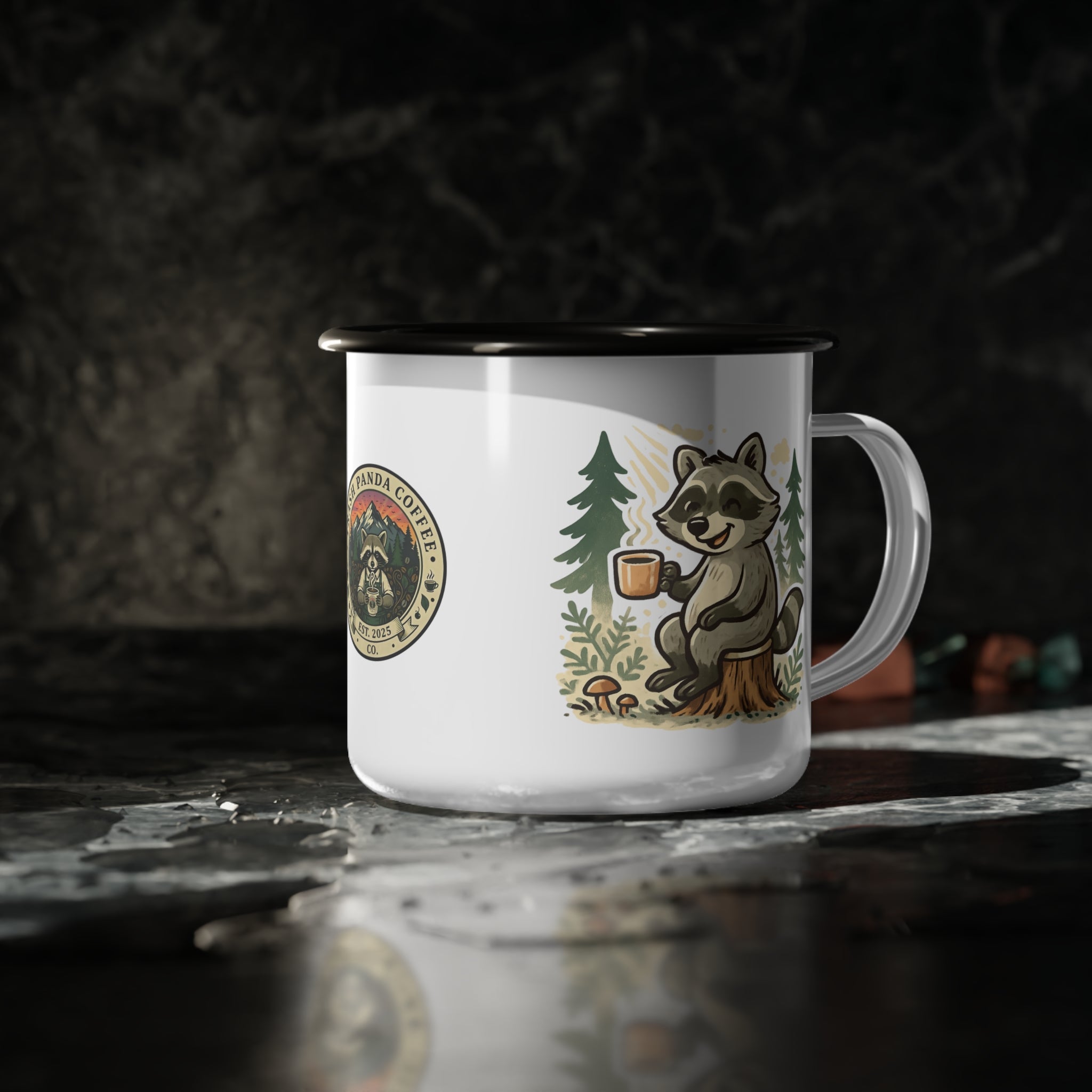 Raccoon Sipping Coffee Enamel Camp Cup