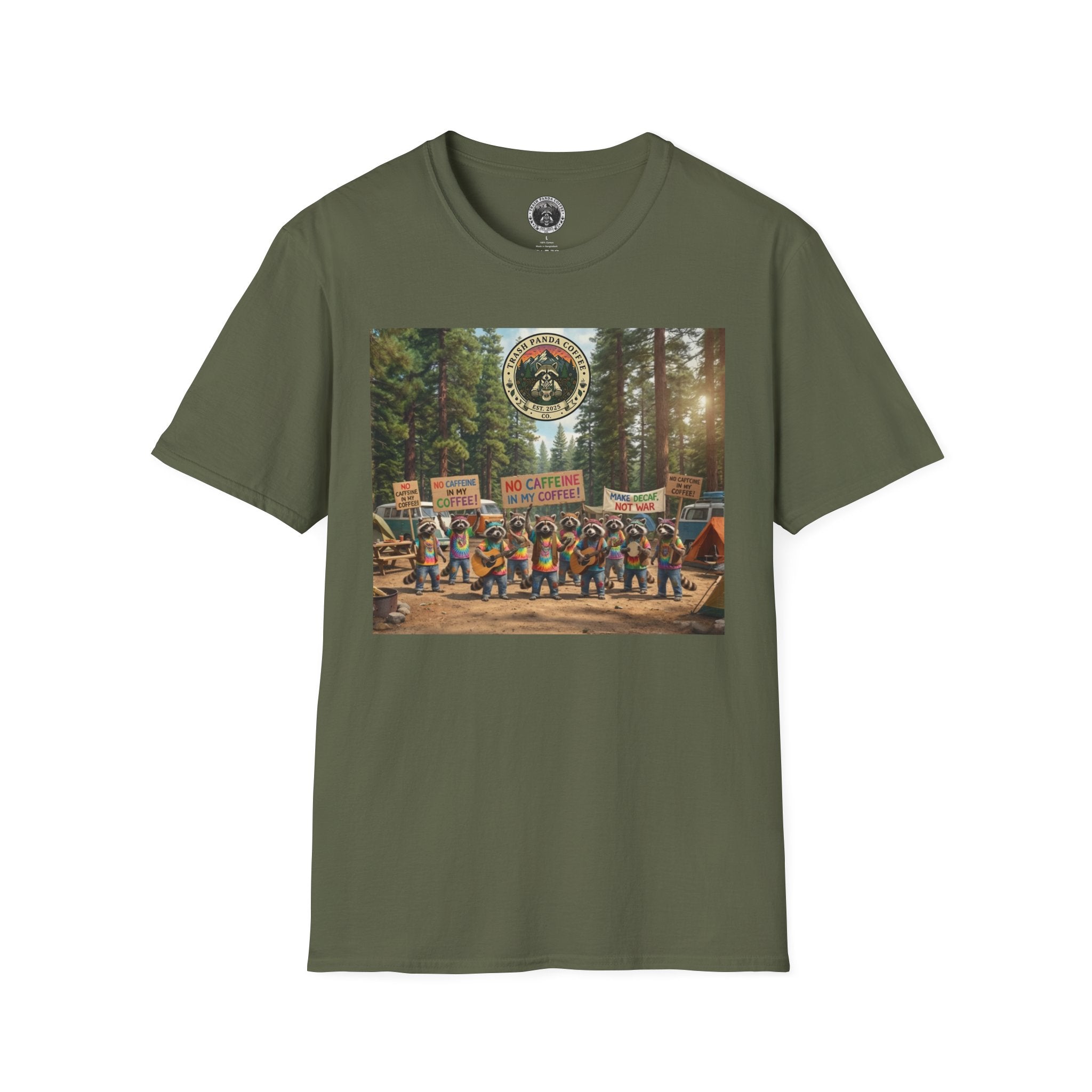 Raccoon Hippies Protest T-Shirt — 'No Caffeine'