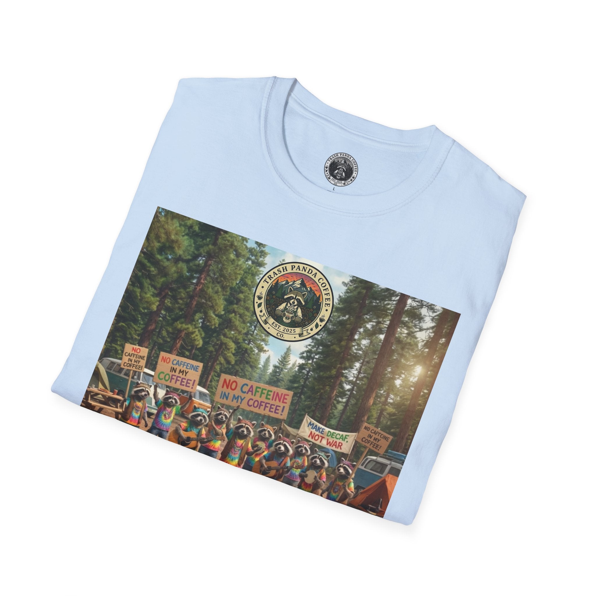 Raccoon Hippies Protest T-Shirt — 'No Caffeine'
