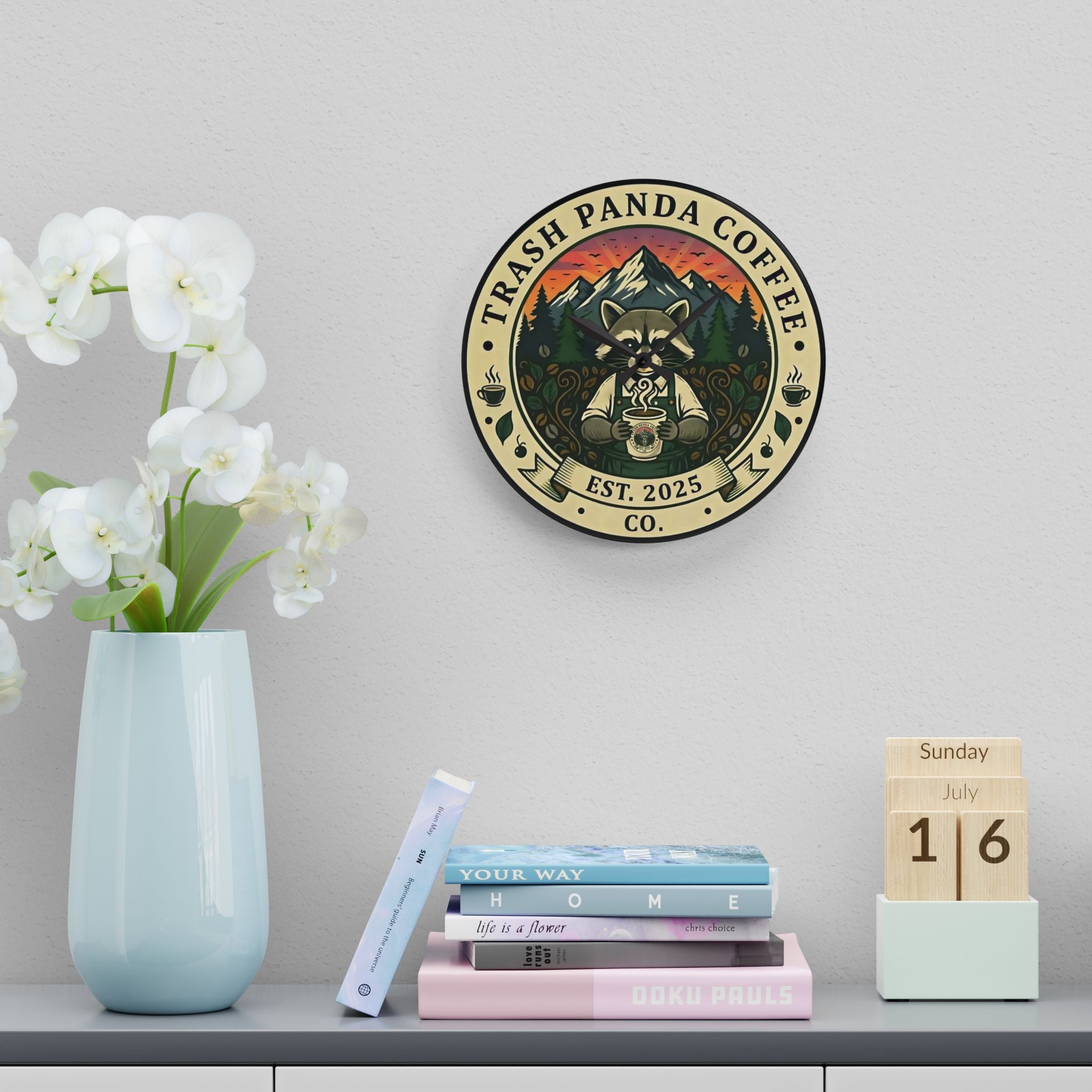 Acrylic Wall Clock — Trash Panda Coffee Co. Clock (Est. 2025)