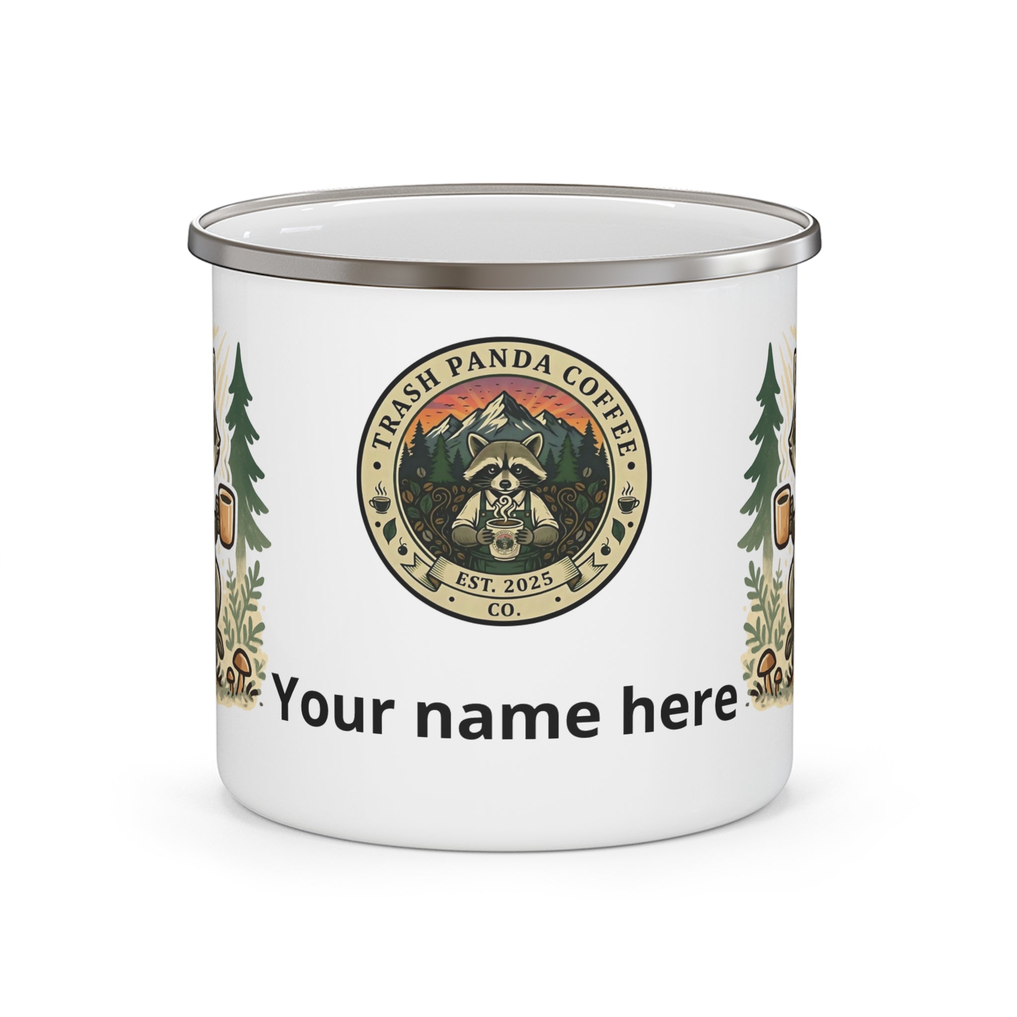 Enamel Camping Mug — Raccoon's coffee break
