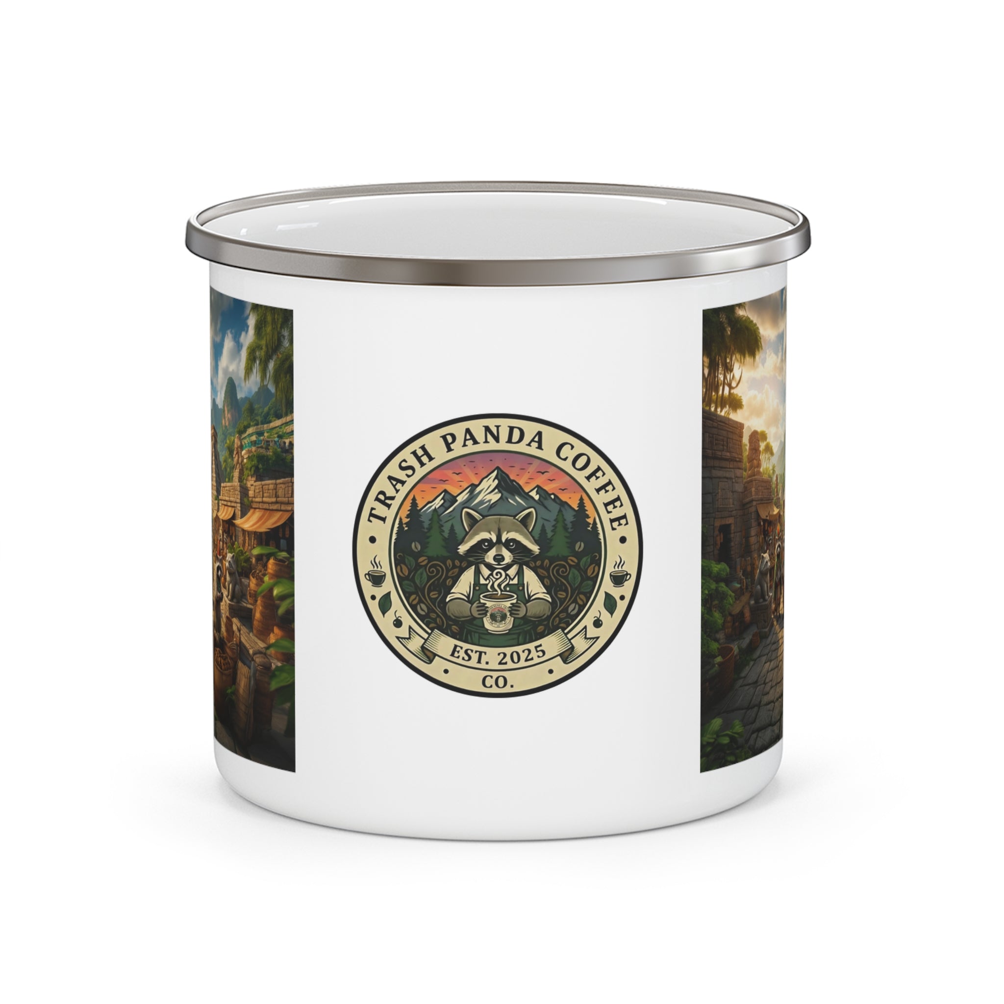 Enamel Camping Mug — Incan Raccoons