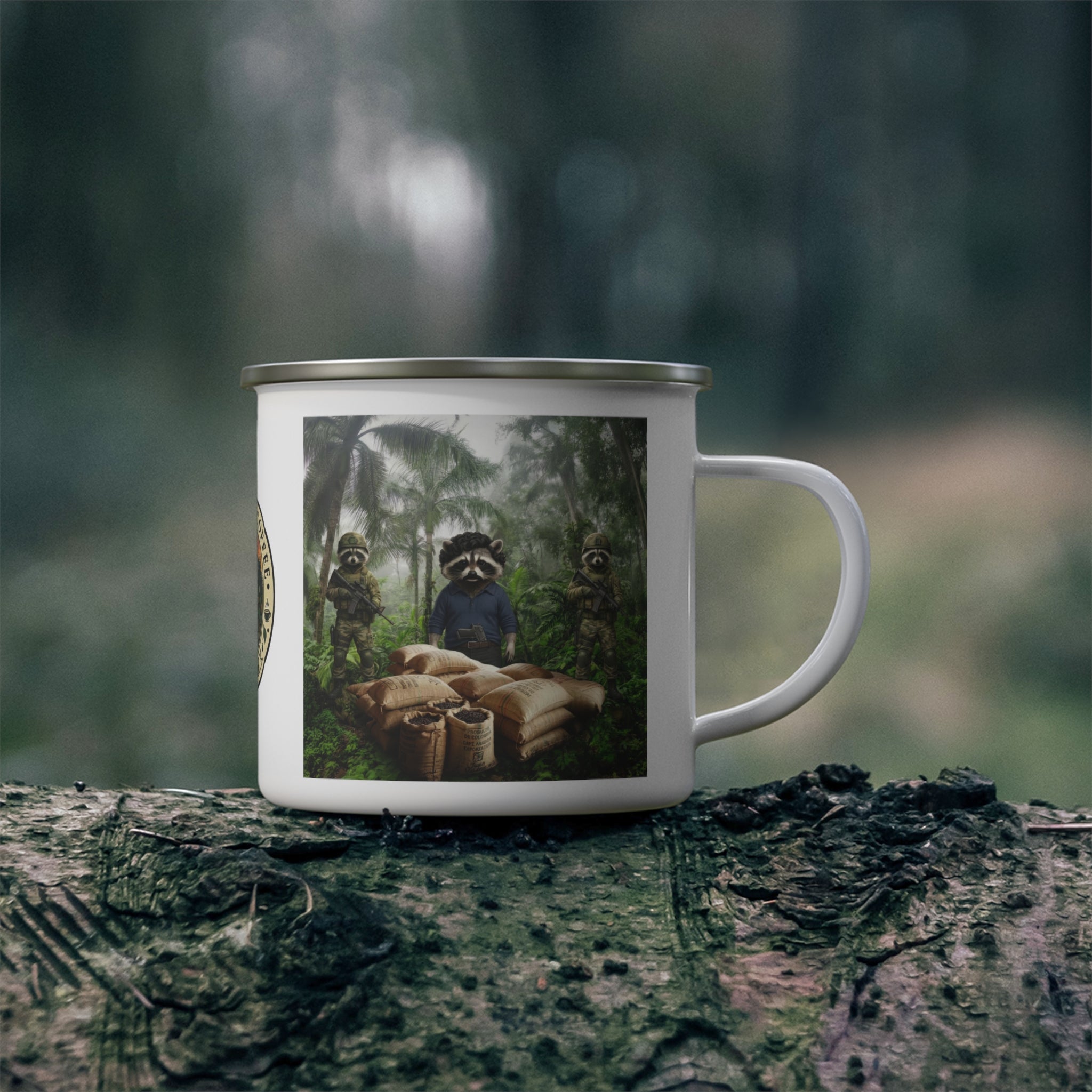 Enamel Camping Mug — Raccoon Escobar