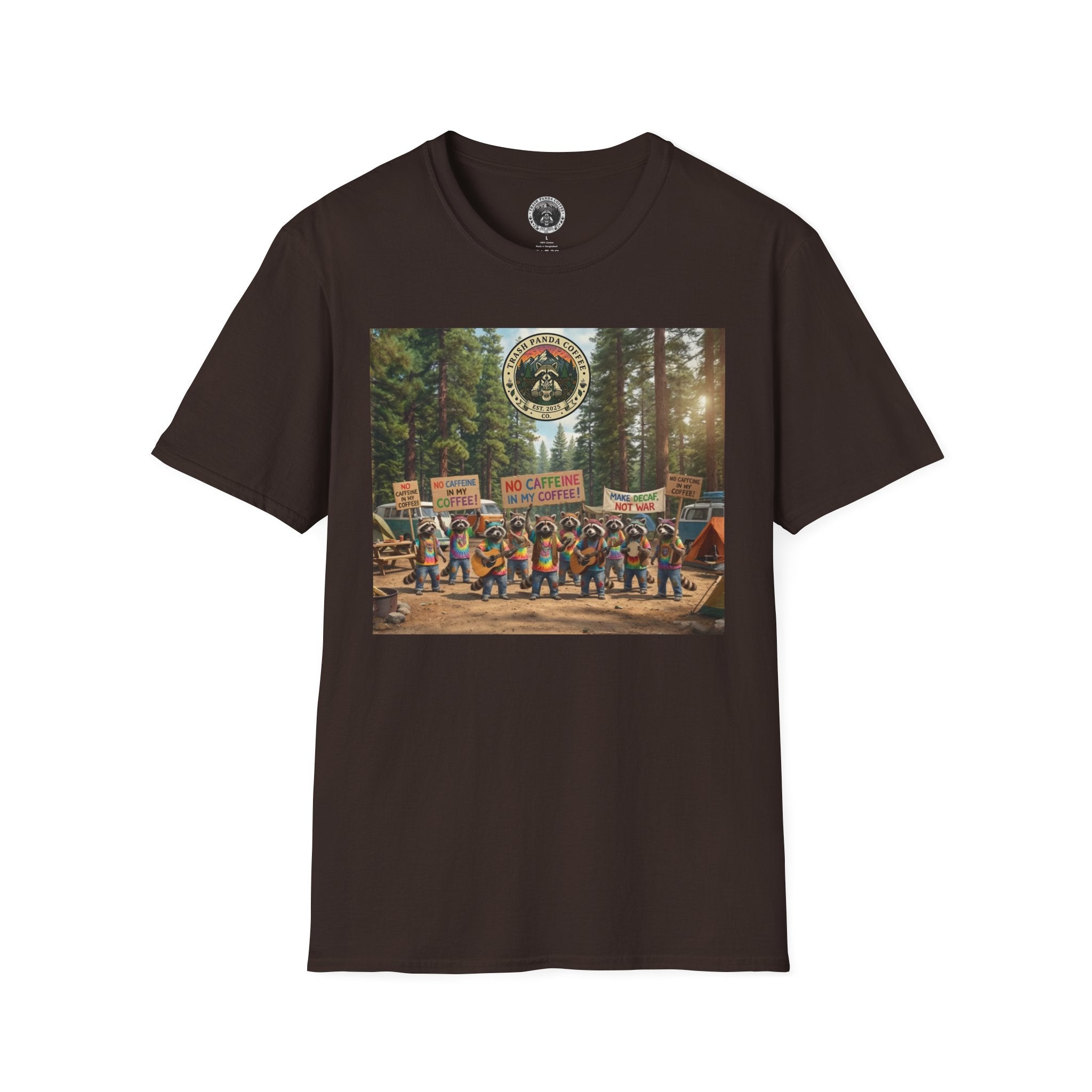 Raccoon Hippies Protest T-Shirt — 'No Caffeine'