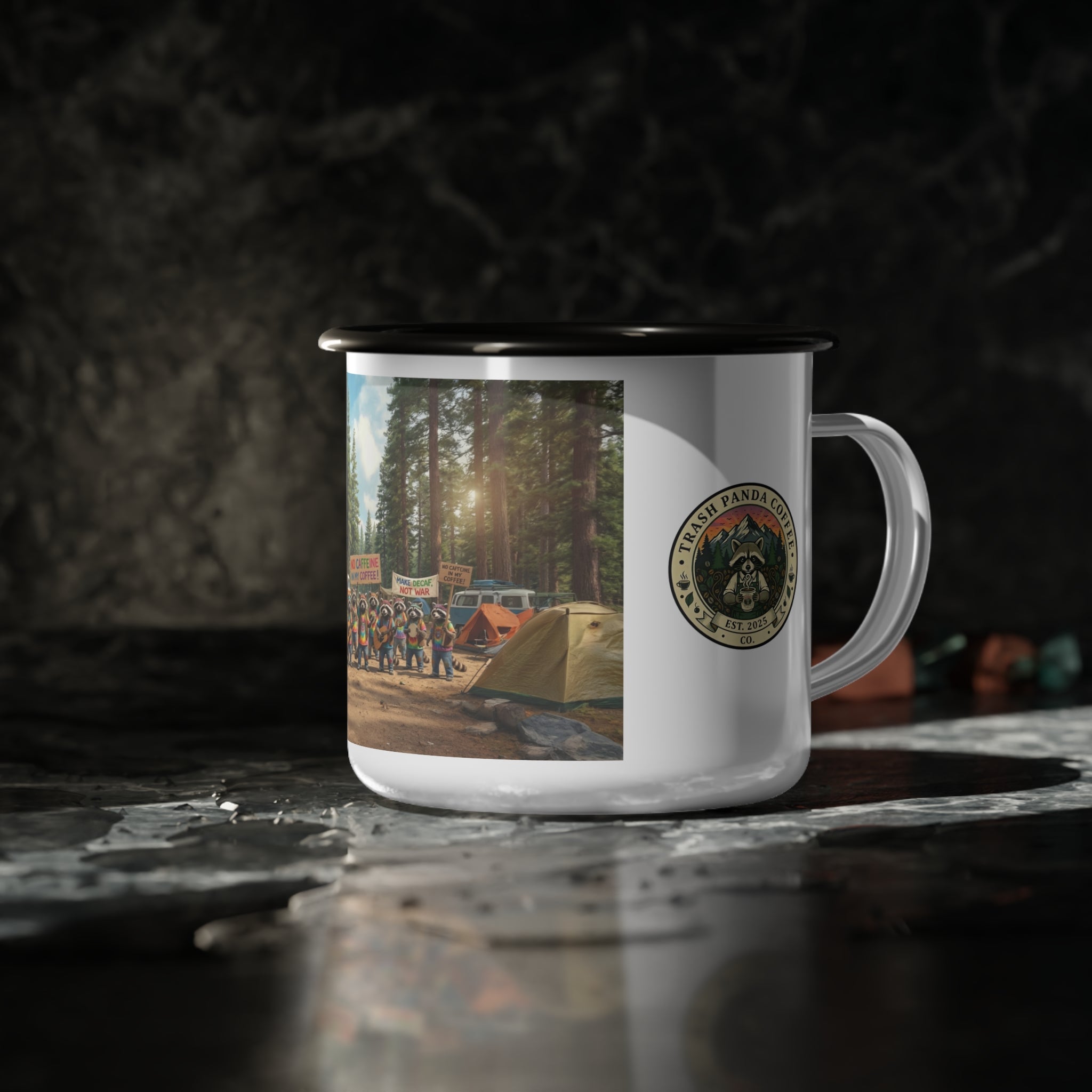 Vintage Camping Coffee Mug with 'No Caffeine in my Coffee' Protest Design