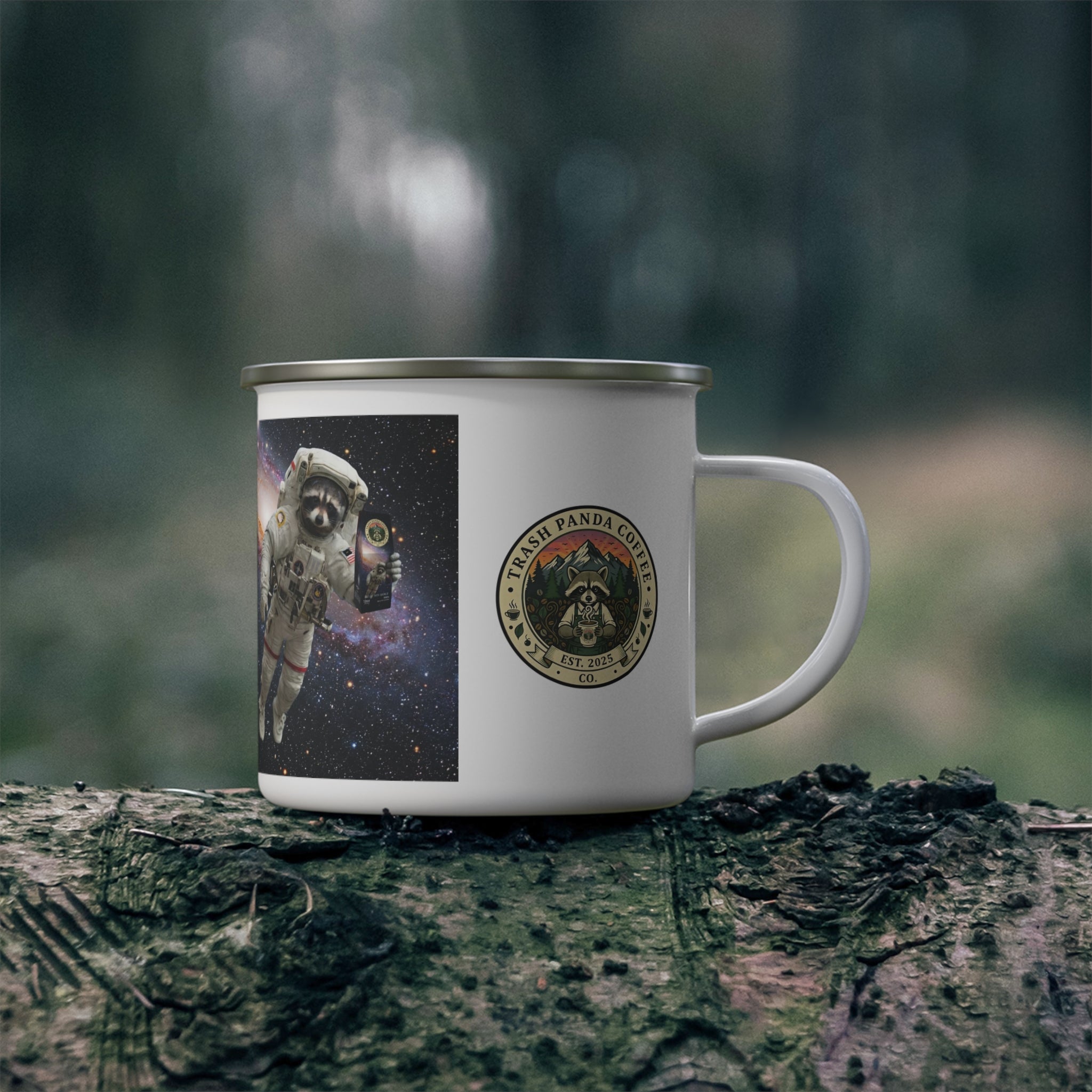 Enamel Camping Mug — Raccoon Astronaut
