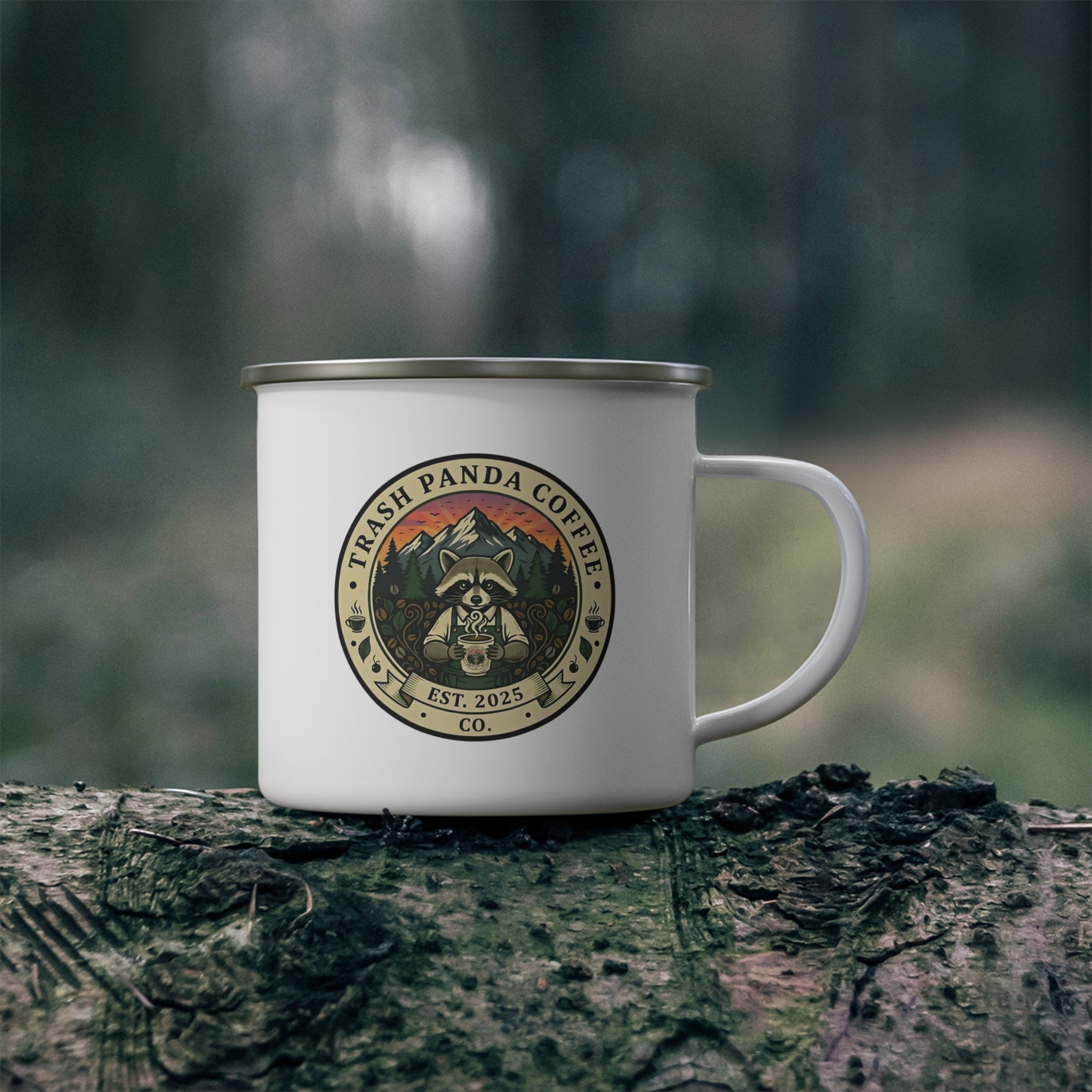 Personalized Enamel Camping Mug — Trash Panda Coffee