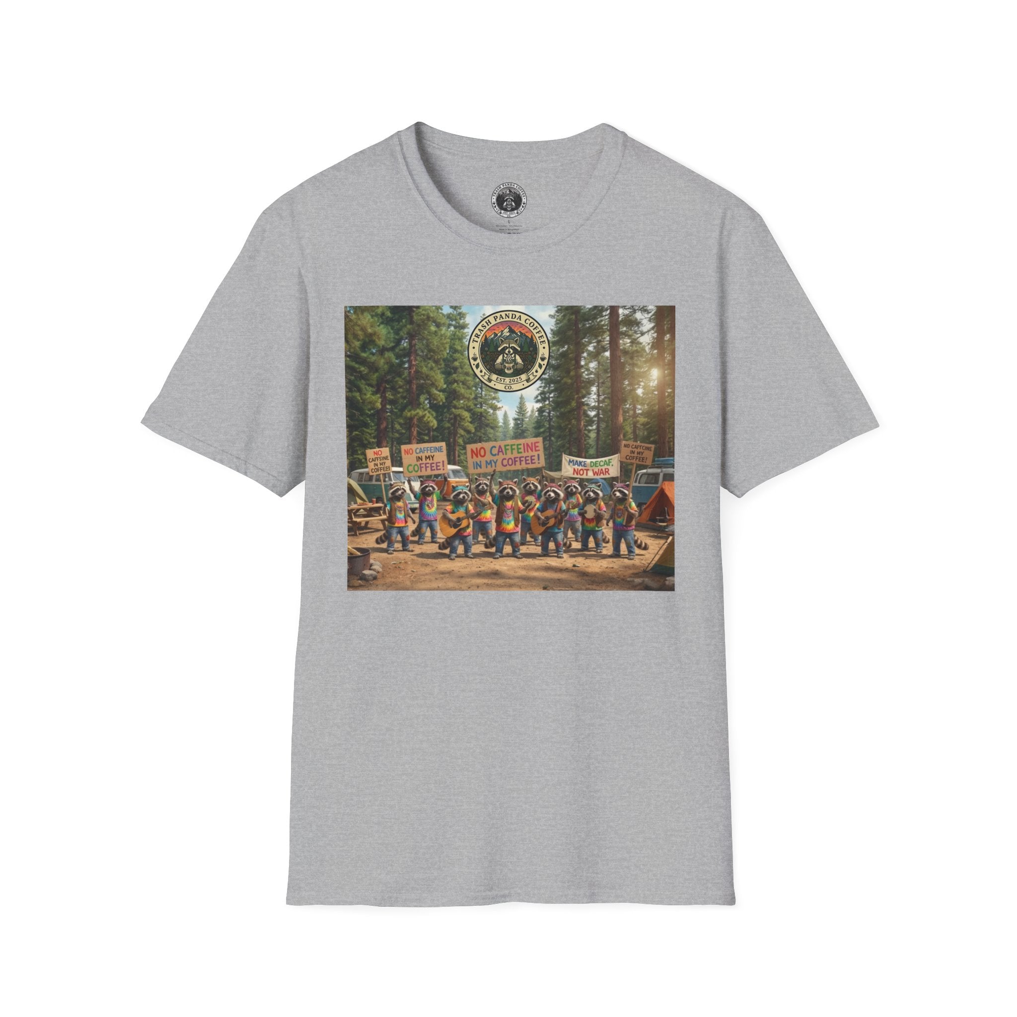 Raccoon Hippies Protest T-Shirt — 'No Caffeine'