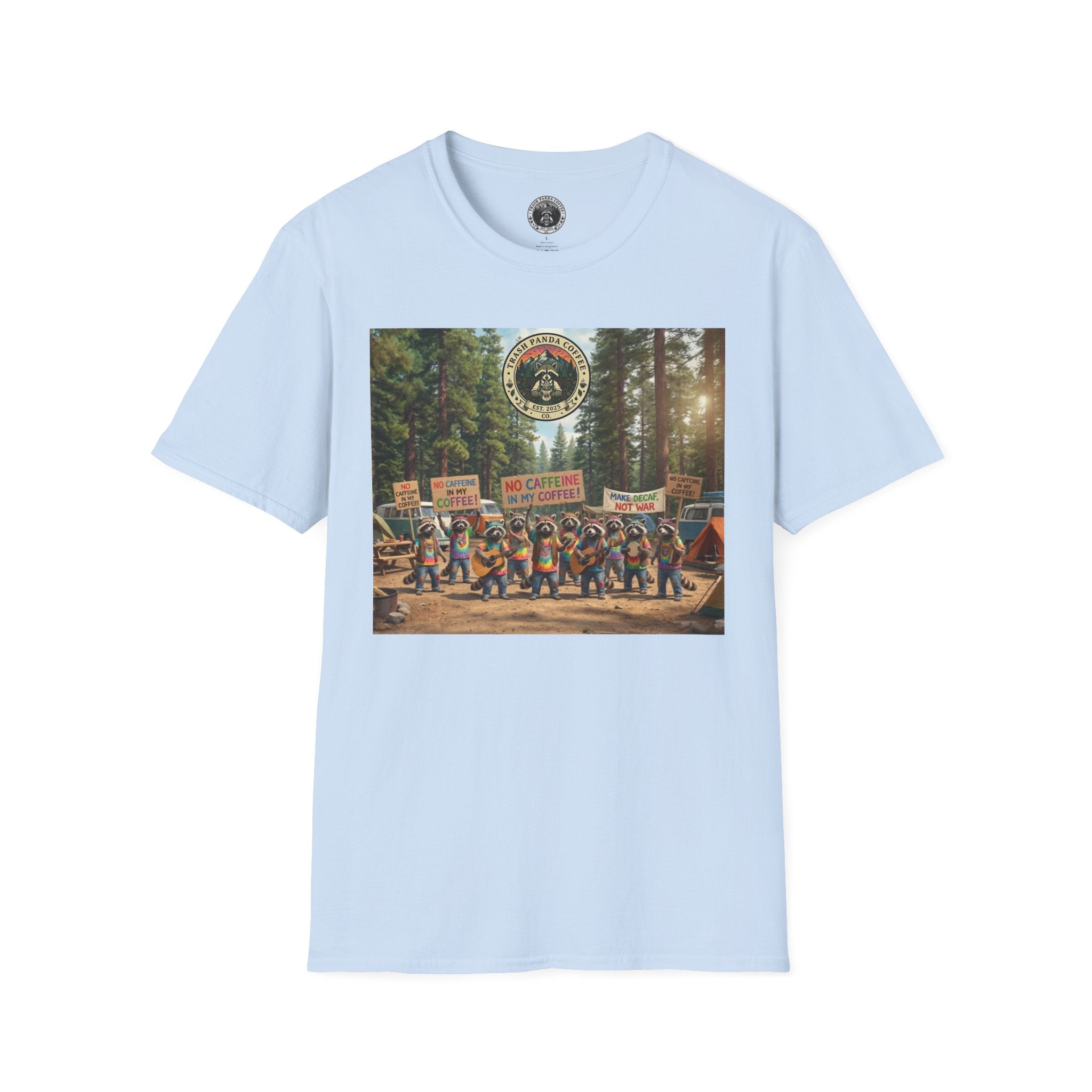 Raccoon Hippies Protest T-Shirt — 'No Caffeine'