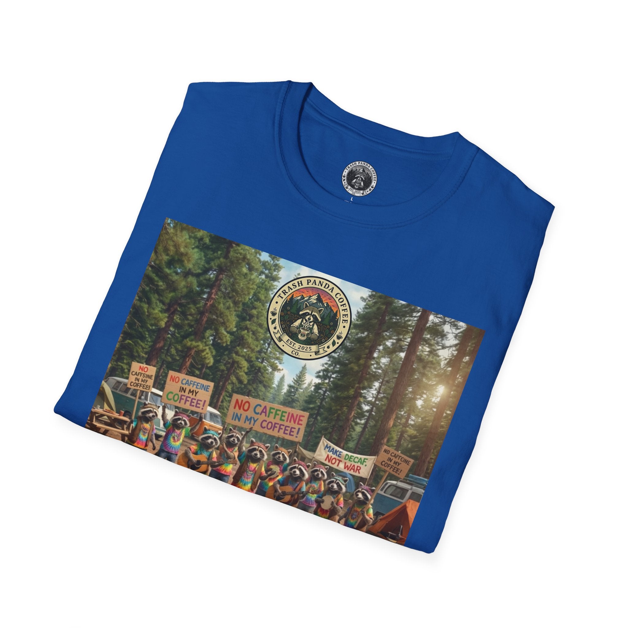Raccoon Hippies Protest T-Shirt — 'No Caffeine'