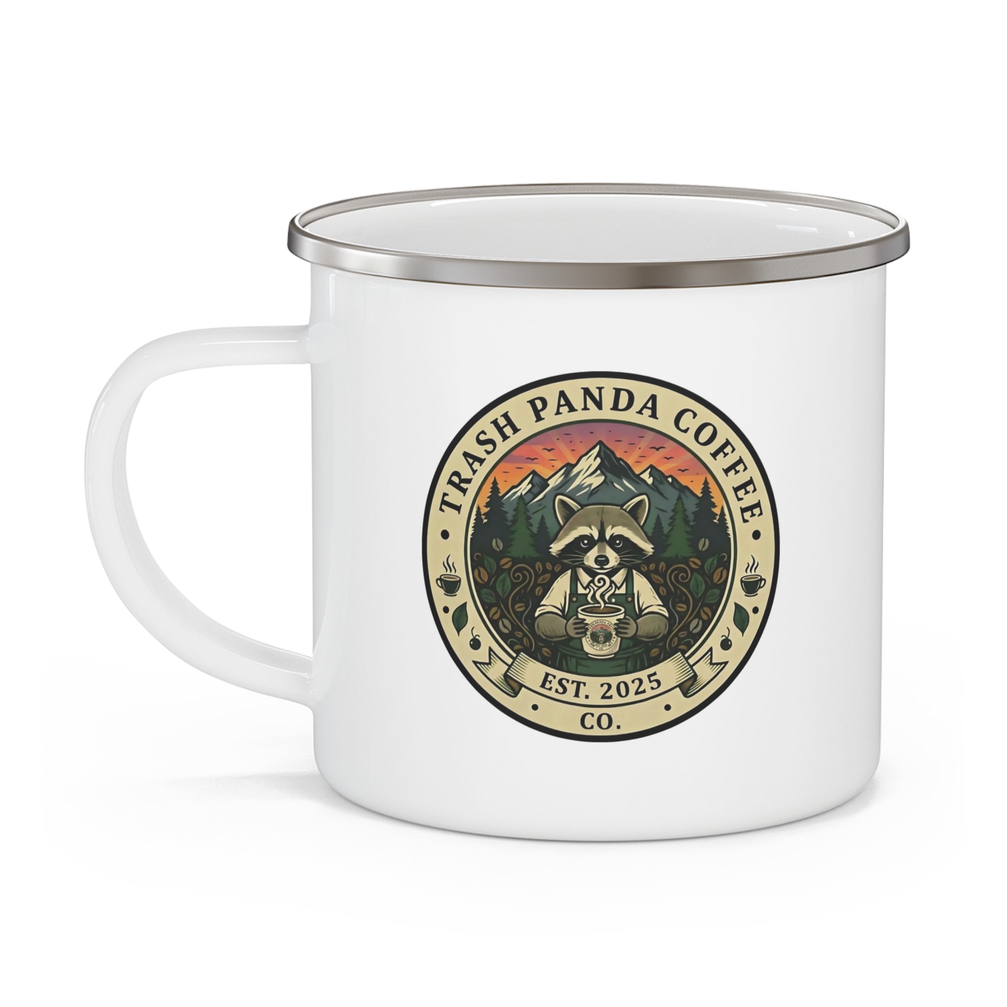 Personalized Enamel Camping Mug — Trash Panda Coffee