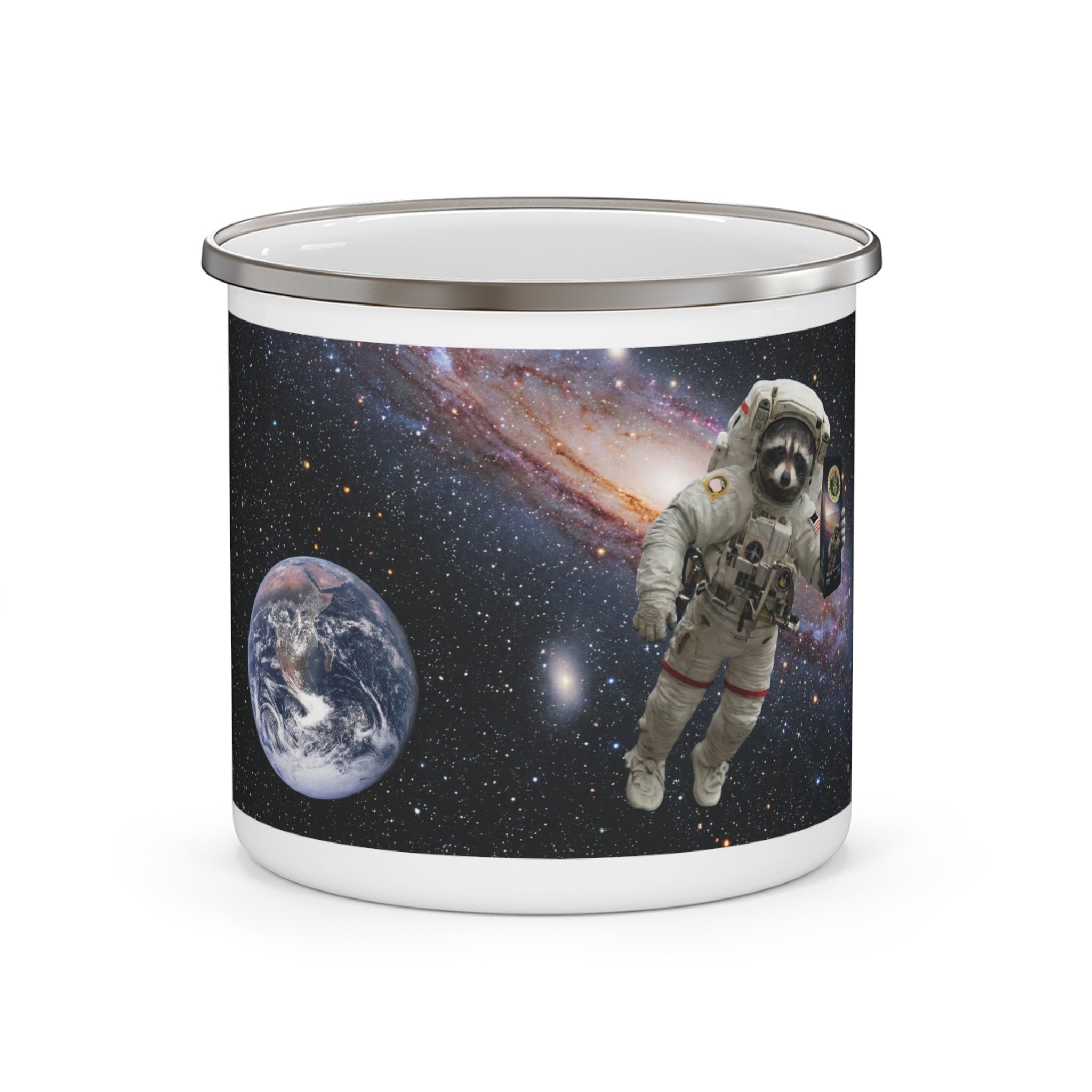Enamel Camping Mug — Raccoon Astronaut