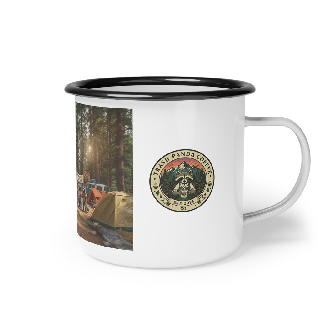Vintage Camping Coffee Mug with 'No Caffeine in my Coffee' Protest Design