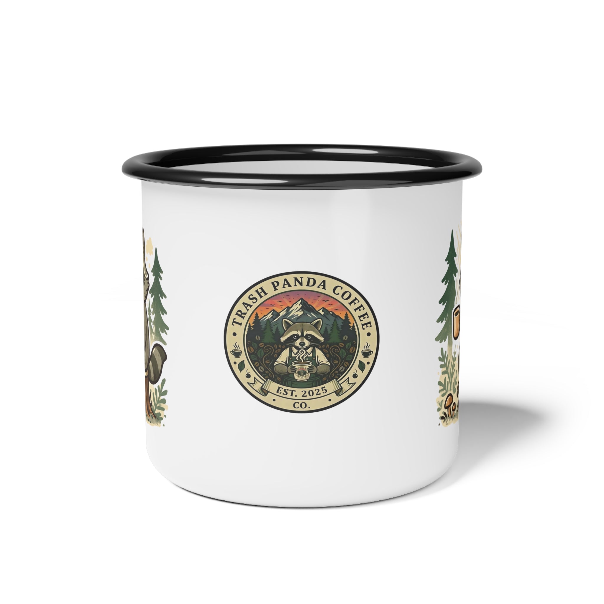 Raccoon Sipping Coffee Enamel Camp Cup