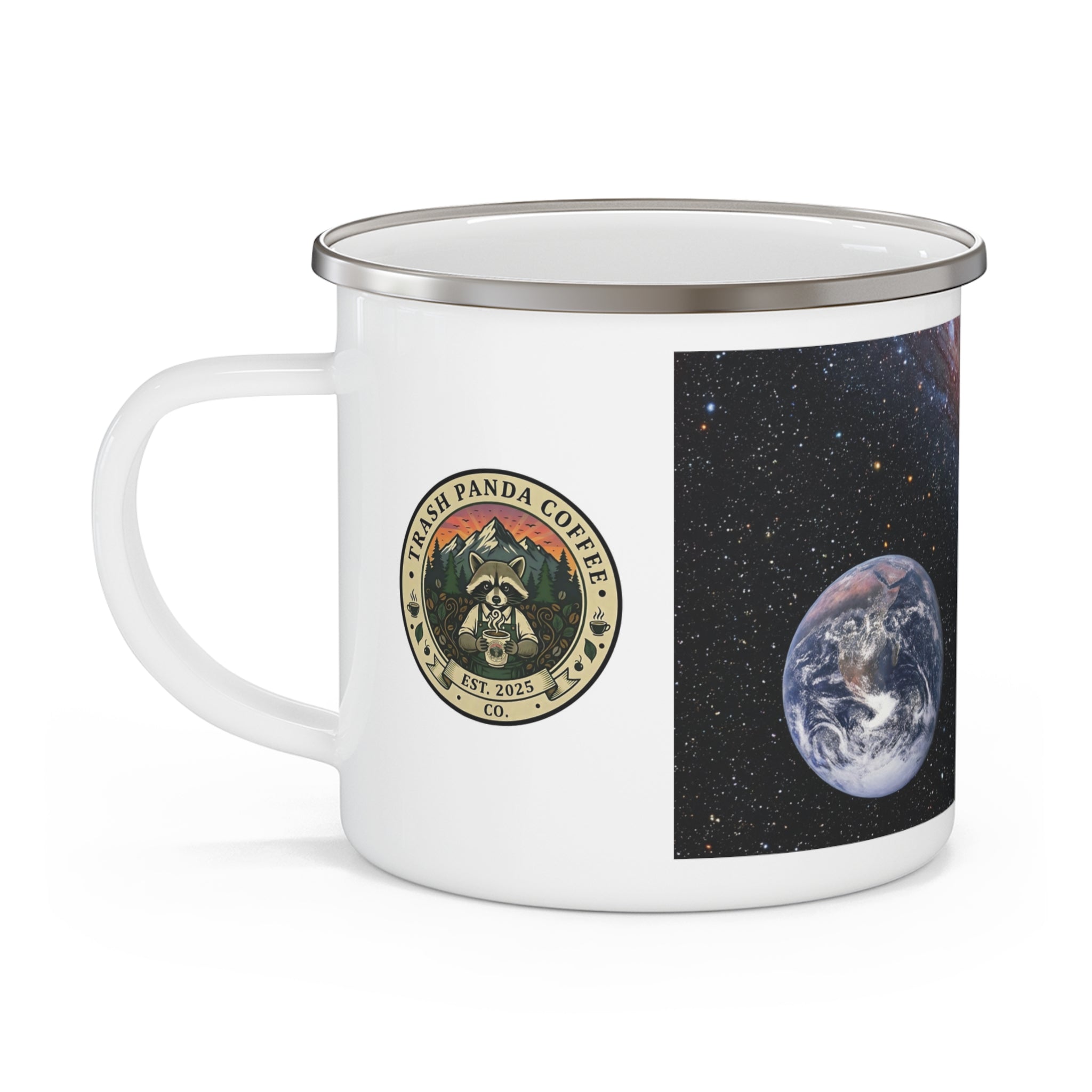 Enamel Camping Mug — Raccoon Astronaut