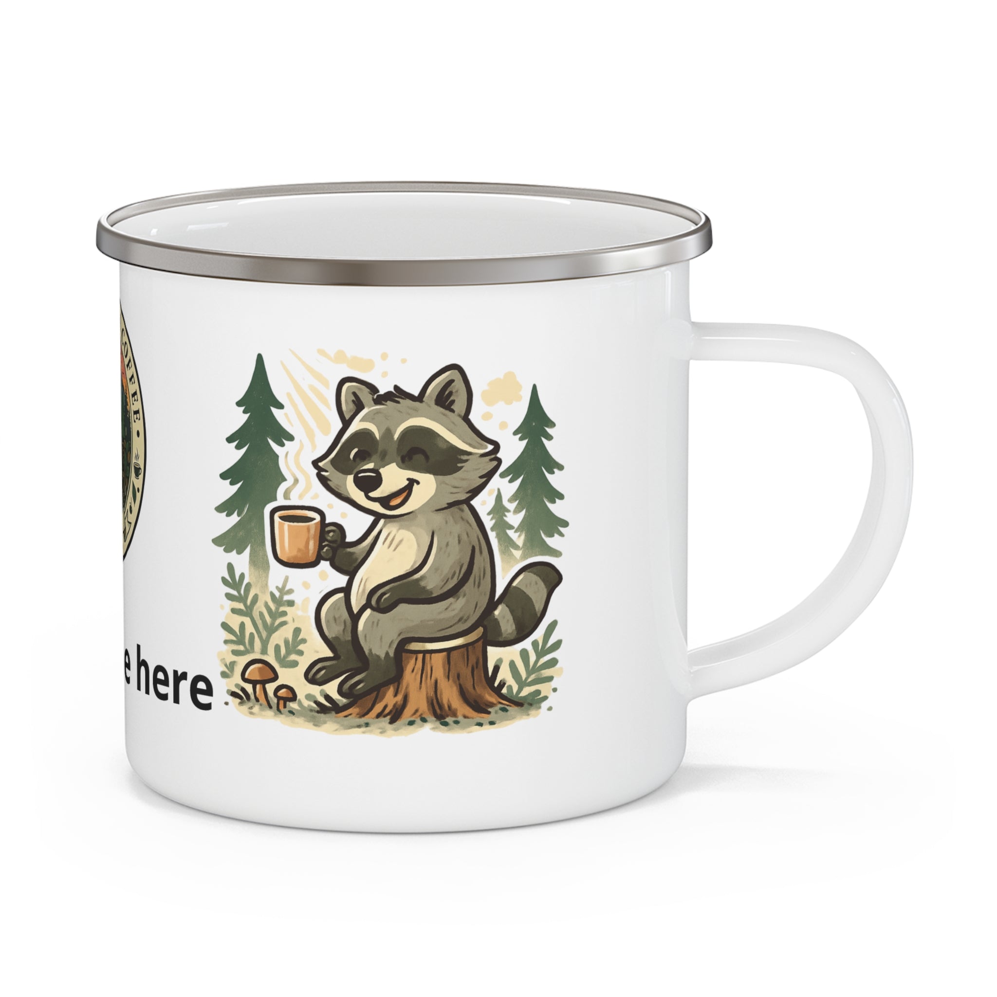 Enamel Camping Mug — Raccoon's coffee break