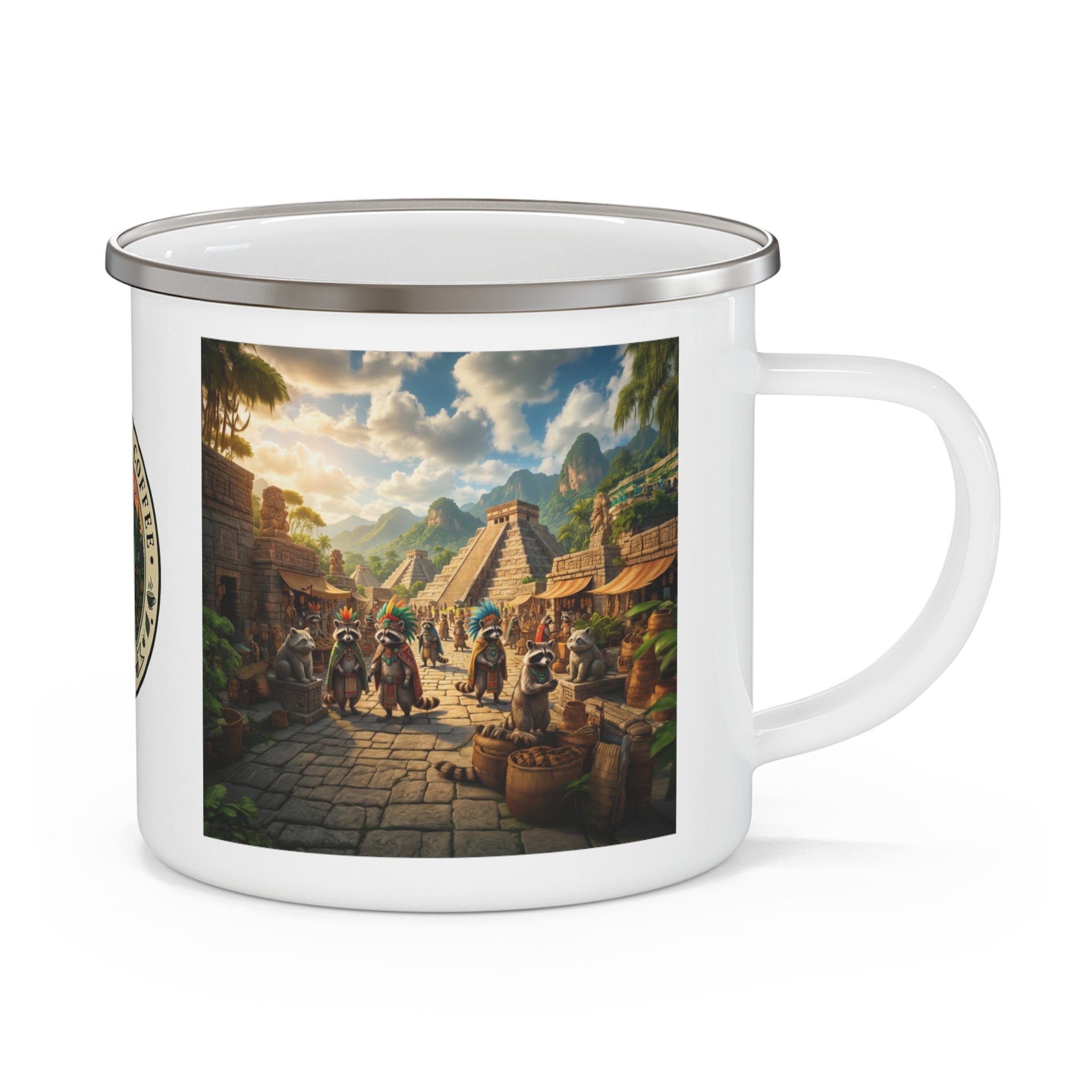 Enamel Camping Mug — Incan Raccoons