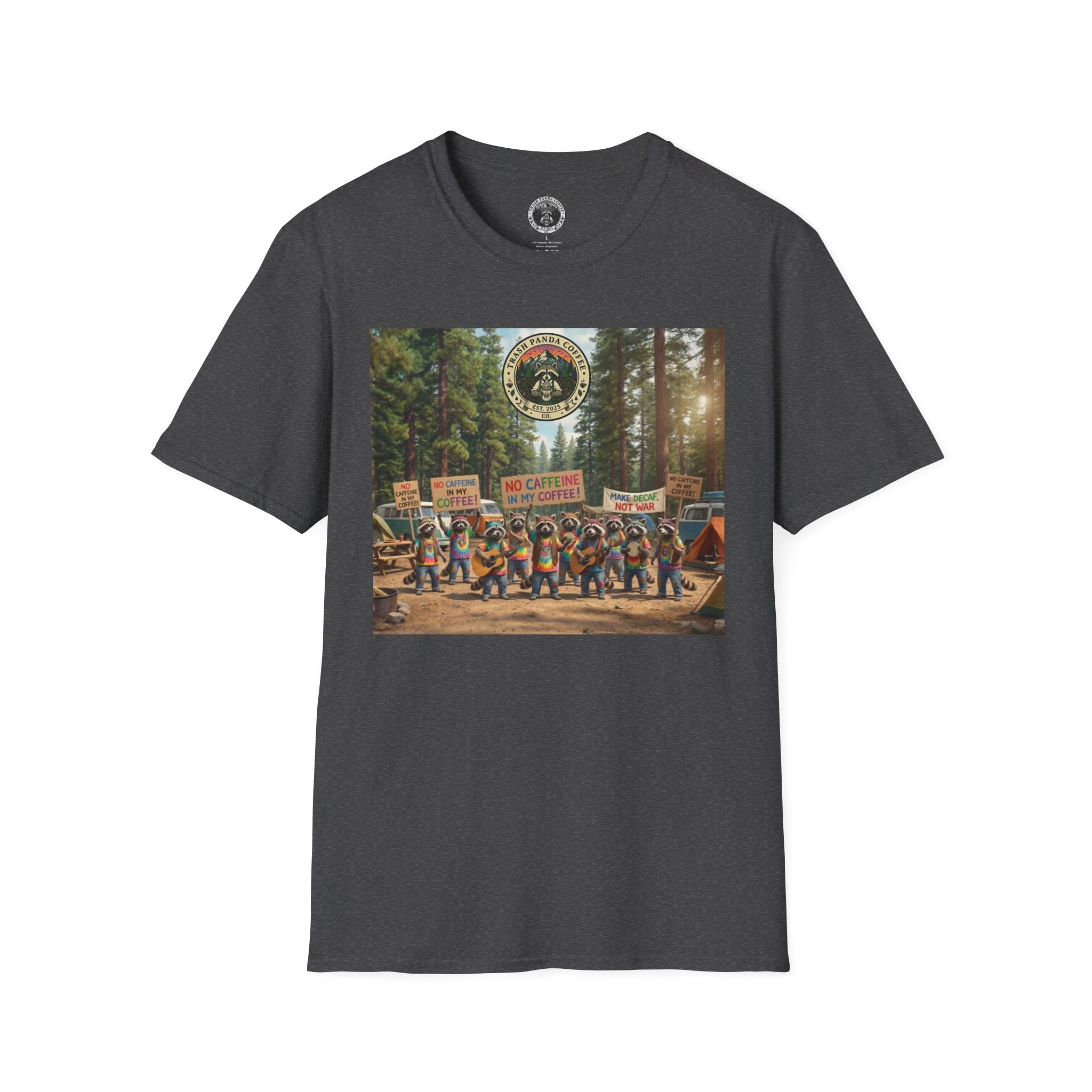 Raccoon Hippies Protest T-Shirt — 'No Caffeine'