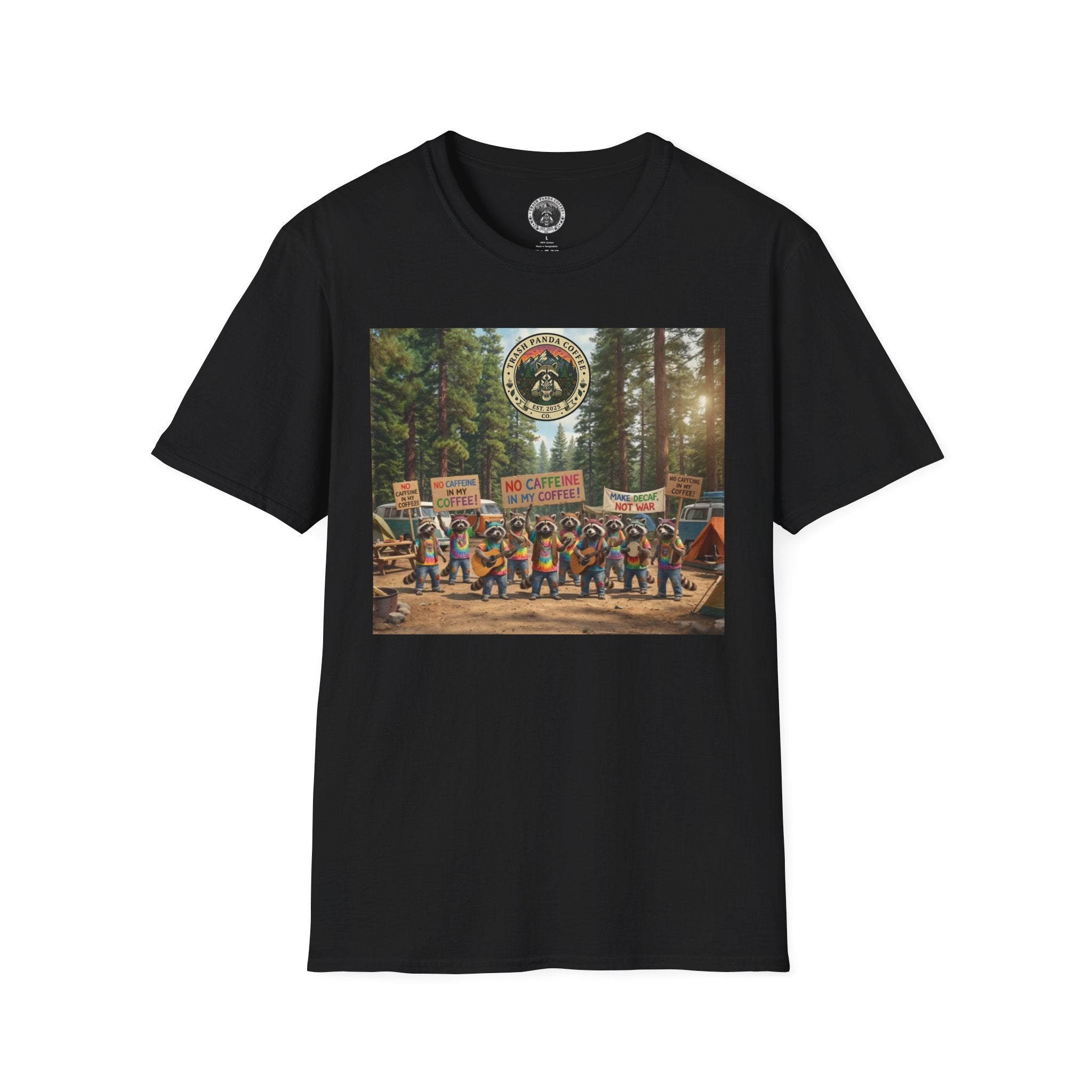 Raccoon Hippies Protest T-Shirt — 'No Caffeine'