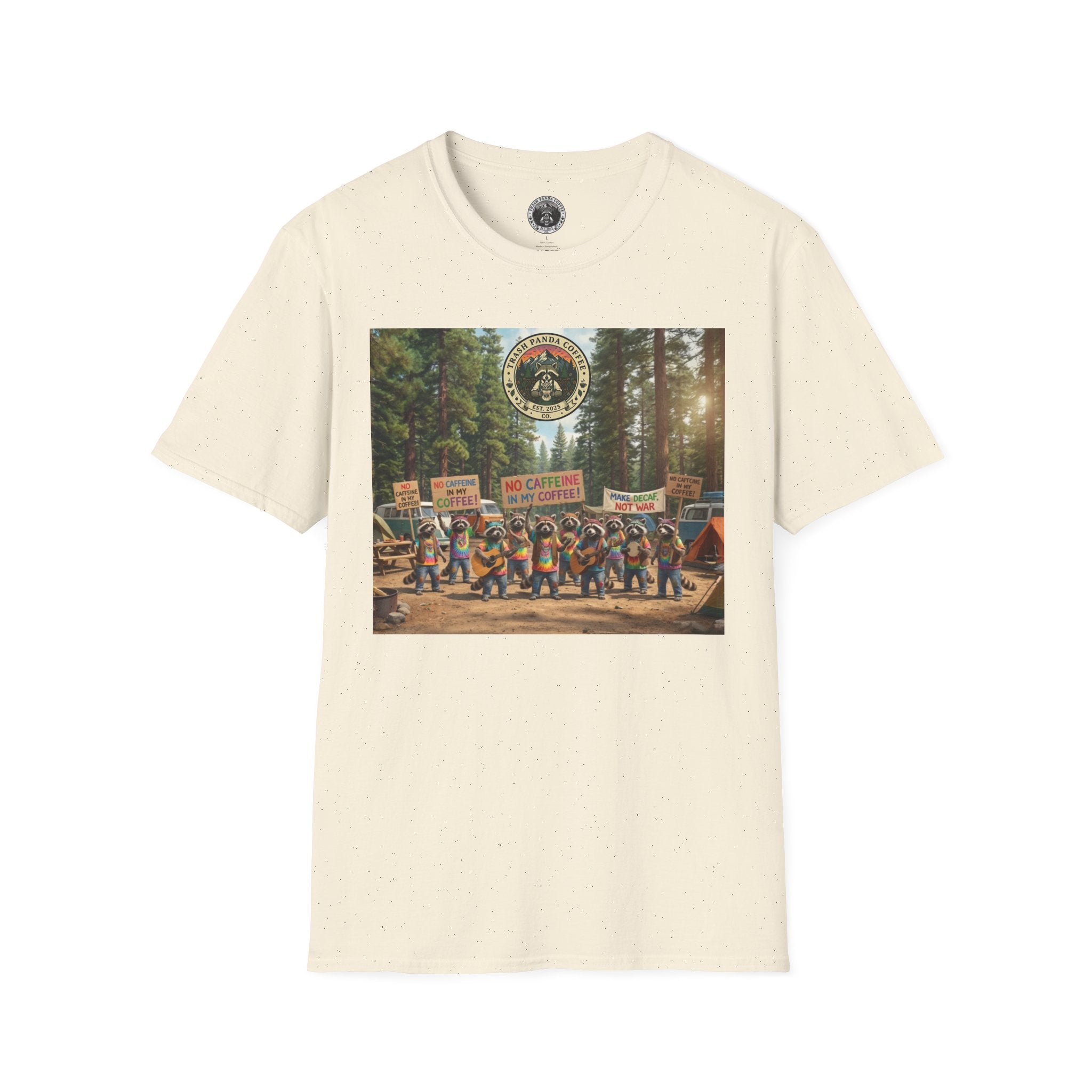 Raccoon Hippies Protest T-Shirt — 'No Caffeine'