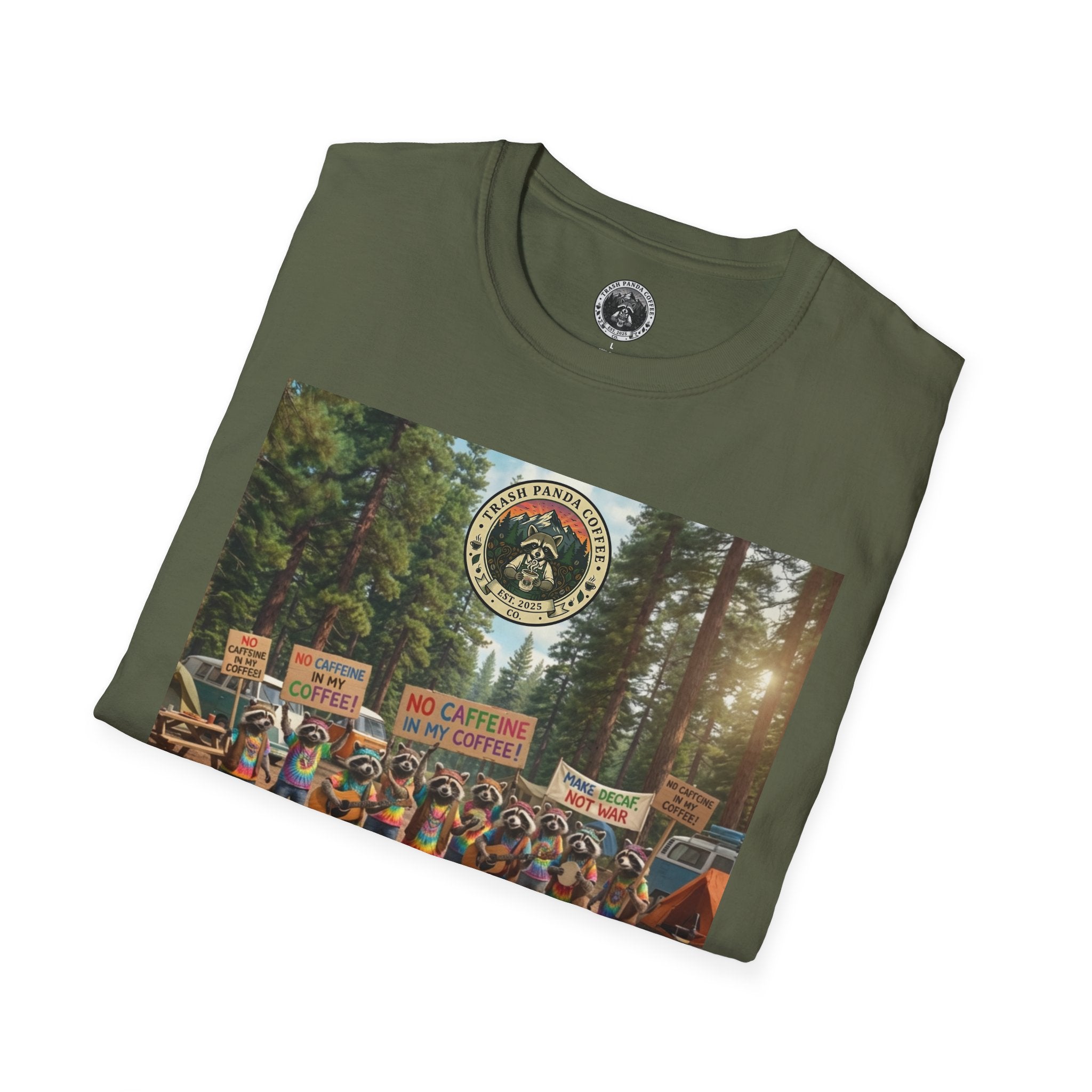 Raccoon Hippies Protest T-Shirt — 'No Caffeine'