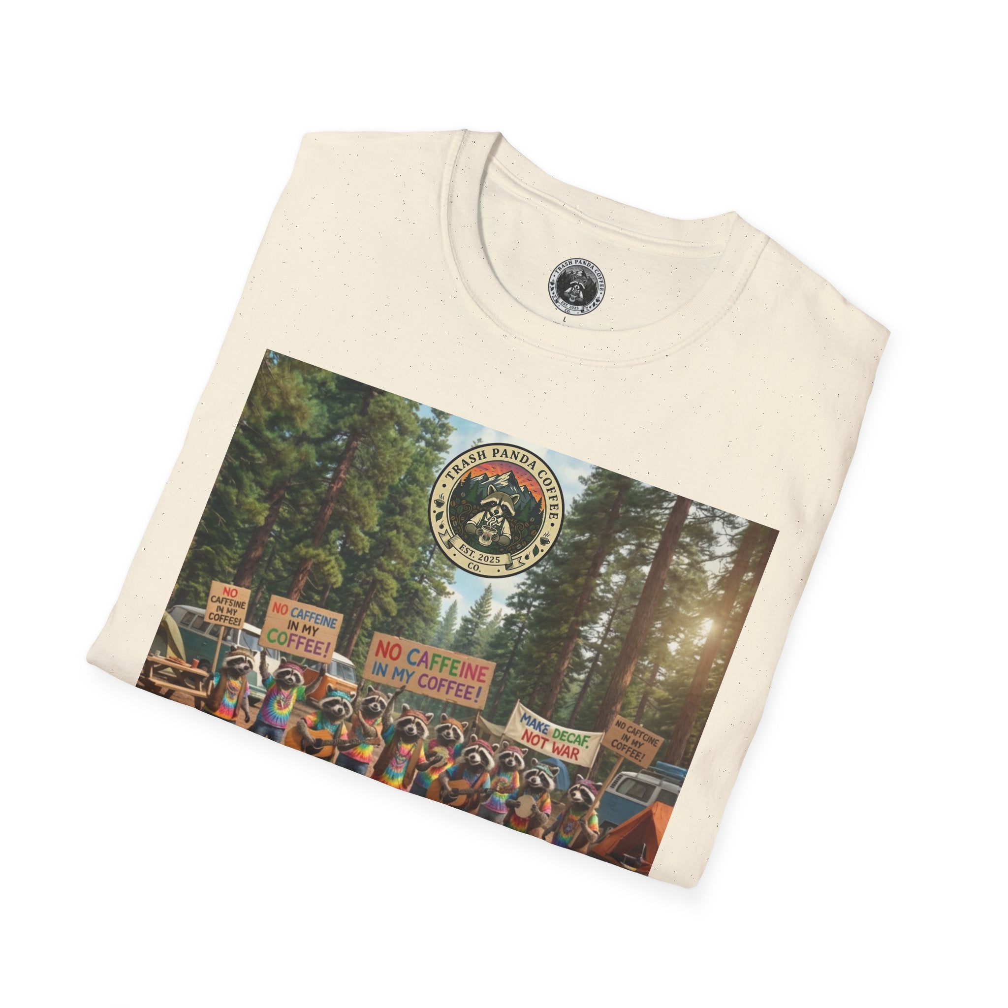 Raccoon Hippies Protest T-Shirt — 'No Caffeine'