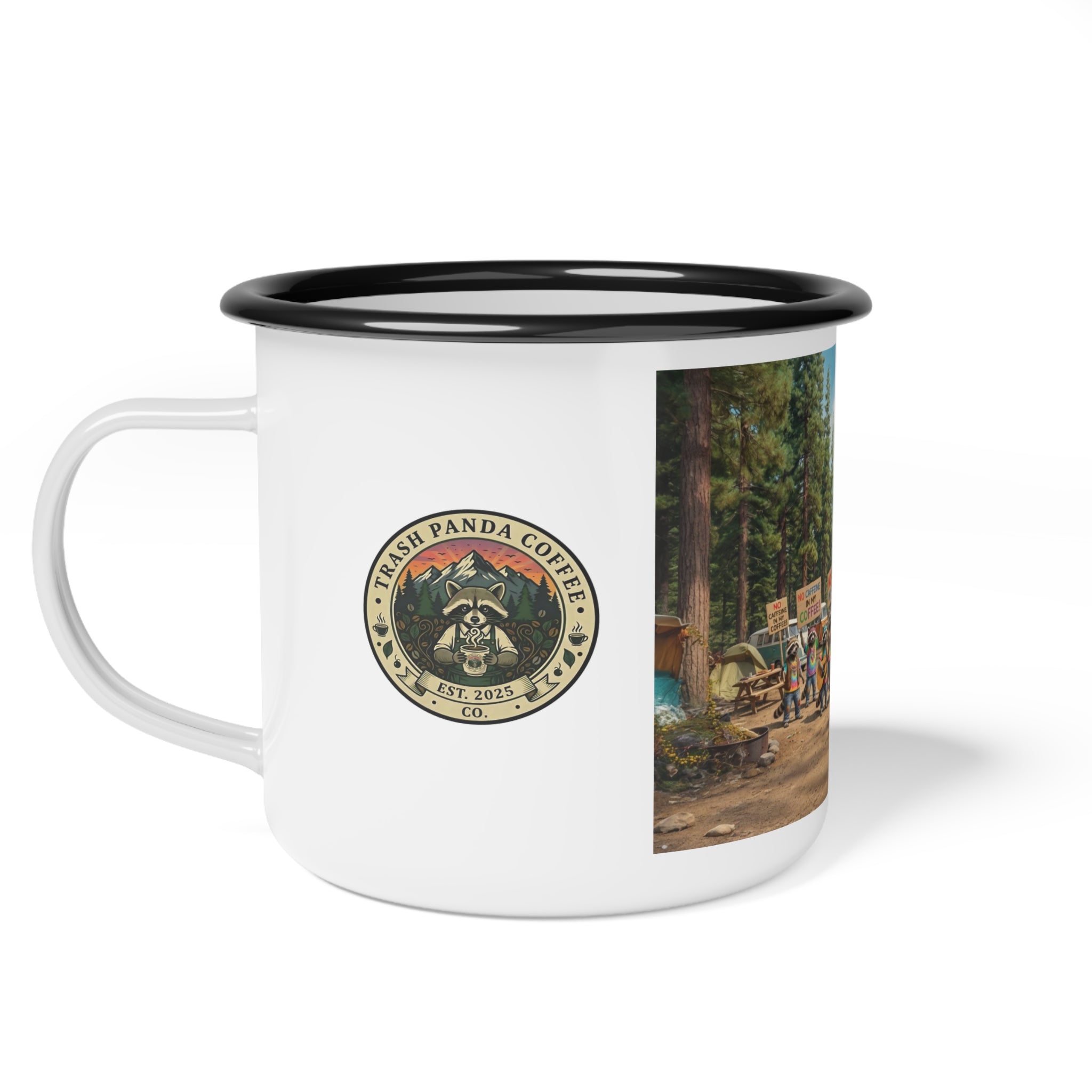 Vintage Camping Coffee Mug with 'No Caffeine in my Coffee' Protest Design