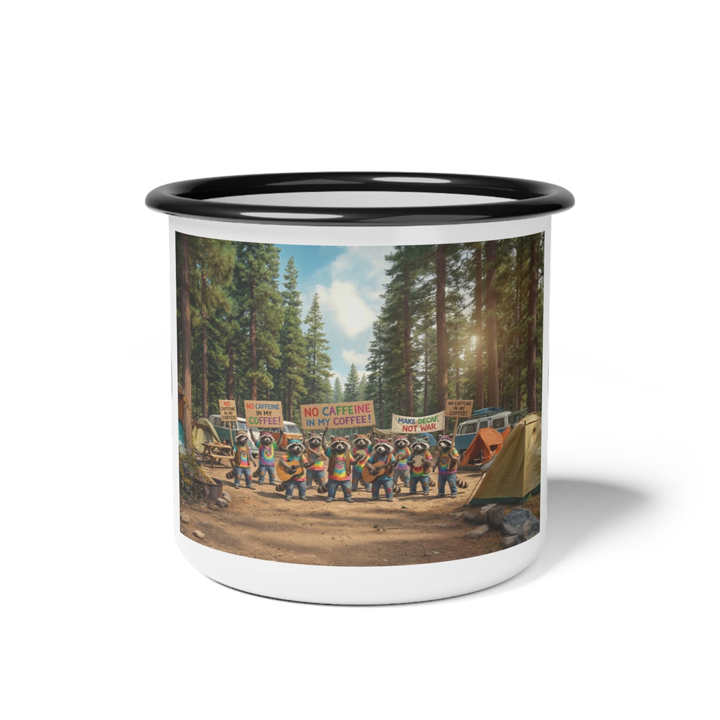 Vintage Camping Coffee Mug with 'No Caffeine in my Coffee' Protest Design