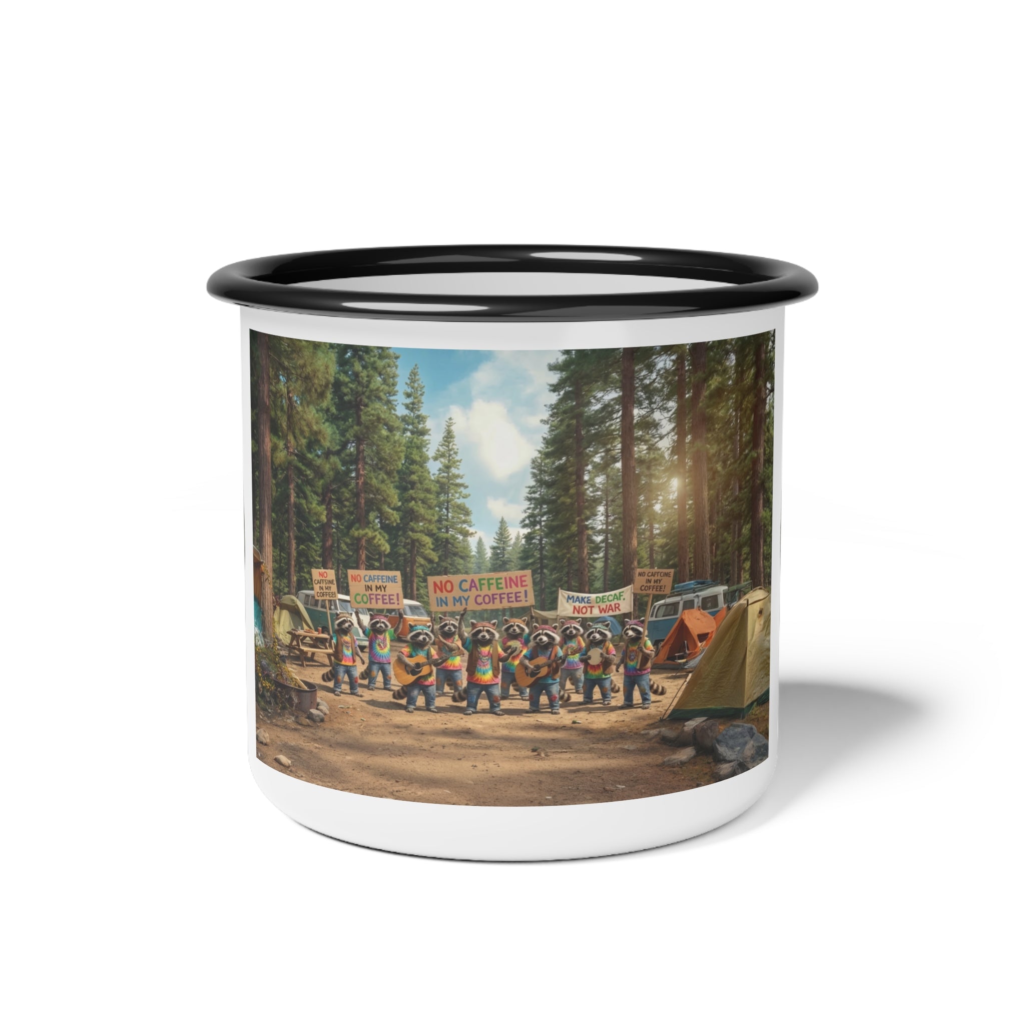 Vintage Camping Coffee Mug with 'No Caffeine in my Coffee' Protest Design